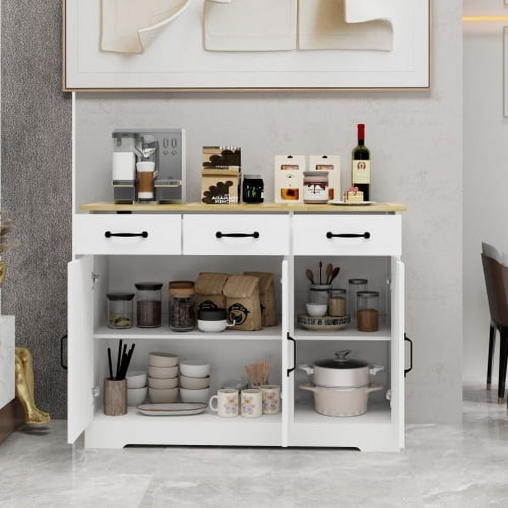 Farmhouse Storage Cabinet with 3 Doors and 3 Drawers, Storage Sideboard with Adjustable Shelves, White