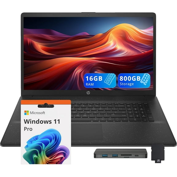 HP 17.3" HD Business Laptop, Intel Core i7-1255U, 16GB RAM, 800GB Storage (512GB SSD 288GB Docking Station Set), Intel Iris Xe Graphics, Full Size Keyboard, Win 11 Pro, Black