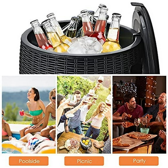 Safstar Outdoor Cooler Table, 9.5 Gallon Ice Cool Table w/Top Lid, Side Handle, Drainage Plug, Weather-Resistant Wicker Rattan Round Ice Bucket for Cocktail Beer Wine in Patio Part