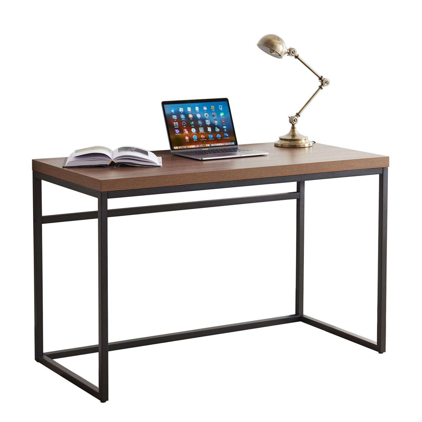 CENSI 47" Computer Desk, Modern Industrial Writing Table with 1.6" Thick Wood Top, Sturdy Metal Frame Home Office Workstation for Study, Bedroom & Living Room, Walnut
