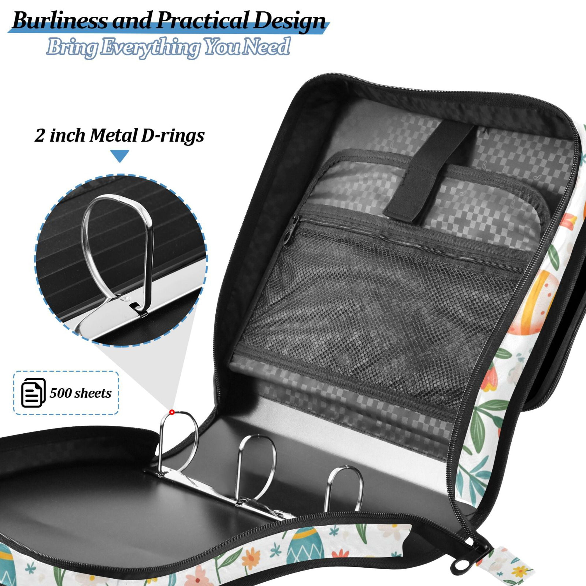 FORMRS Zipper Binder with Shoulder Strap 2-inch Ring 500 Sheet Capacity File Bag, Floral Easter Eggs