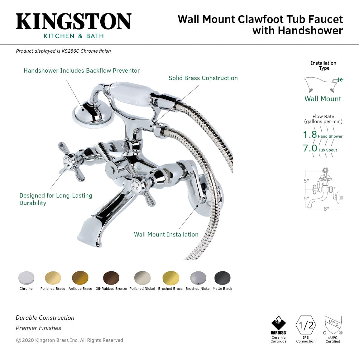 Kingston Brass KS286C Essex Wall Mount Clawfoot Tub Faucet with Hand Shower, Polished Chrome