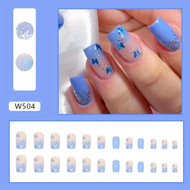 24pcs Gradient Fake Nails, Blue Butterfly Press On Nails With Silver Glitter Design, Glossy Full Cover Medium Square Cute False Nails For Women And Girls Daily Wear