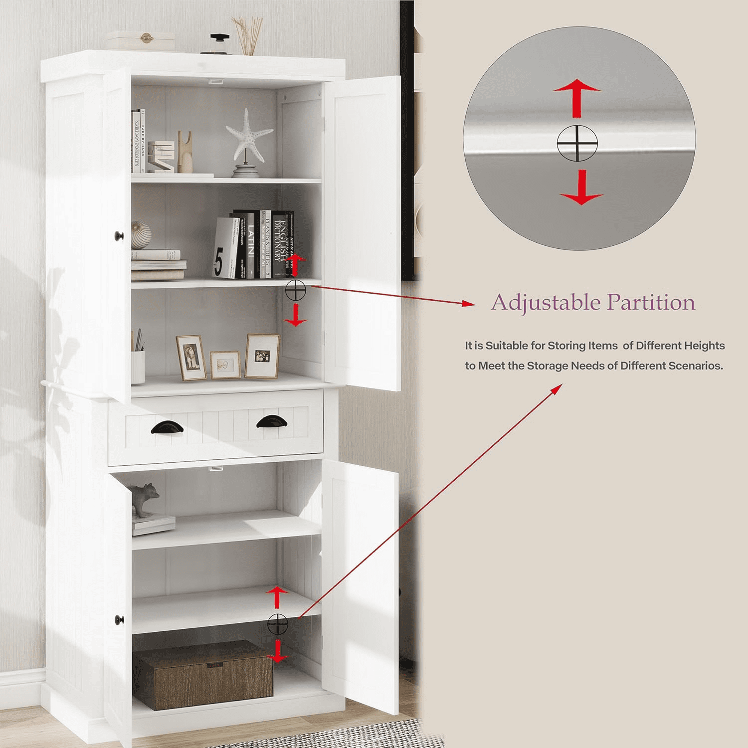 CoSoTower 71" Kitchen Pantry Storage Cabinet , with 4 Doors, Drawer, 2 Adjustable Shelves, Freestanding Cupboard for Dining Room Living Room, Laundry-White