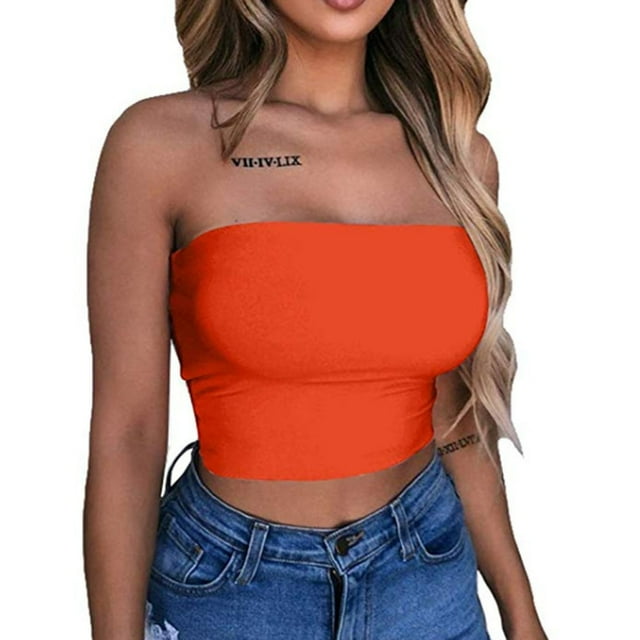 Blusa sin tirantes con parte superior de tubo superior casual de moda de verano de color sólido para mujer Pompotops hkajfhjk473934