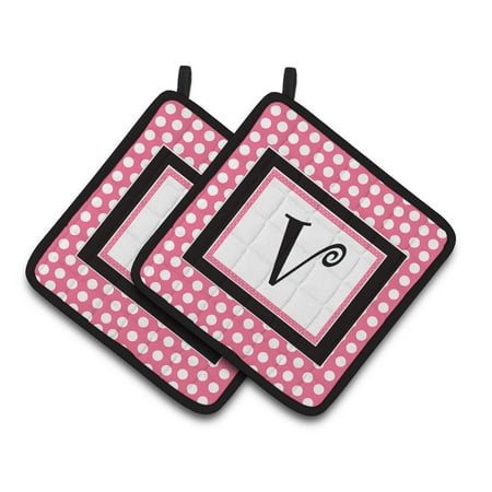 

Letter V Monogram - Pink Black Polka Dots Pair of Pot Holders