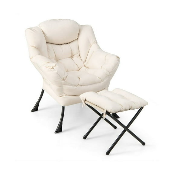 Canddidliike Modern Accent Sofa Chair with Folding Footrest and Side Pocket, Velvet Lounge Reading Chair, Upholstered Armchair for Living Room, Bedroom, Dorm, Beige