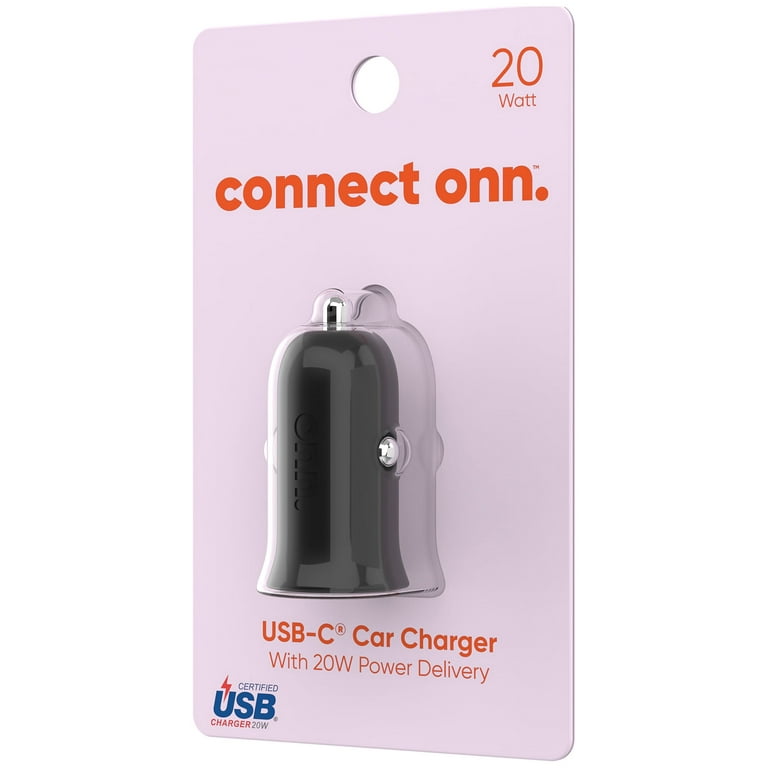 onn. USB-C Car Charger with 20W Power Delivery, Black