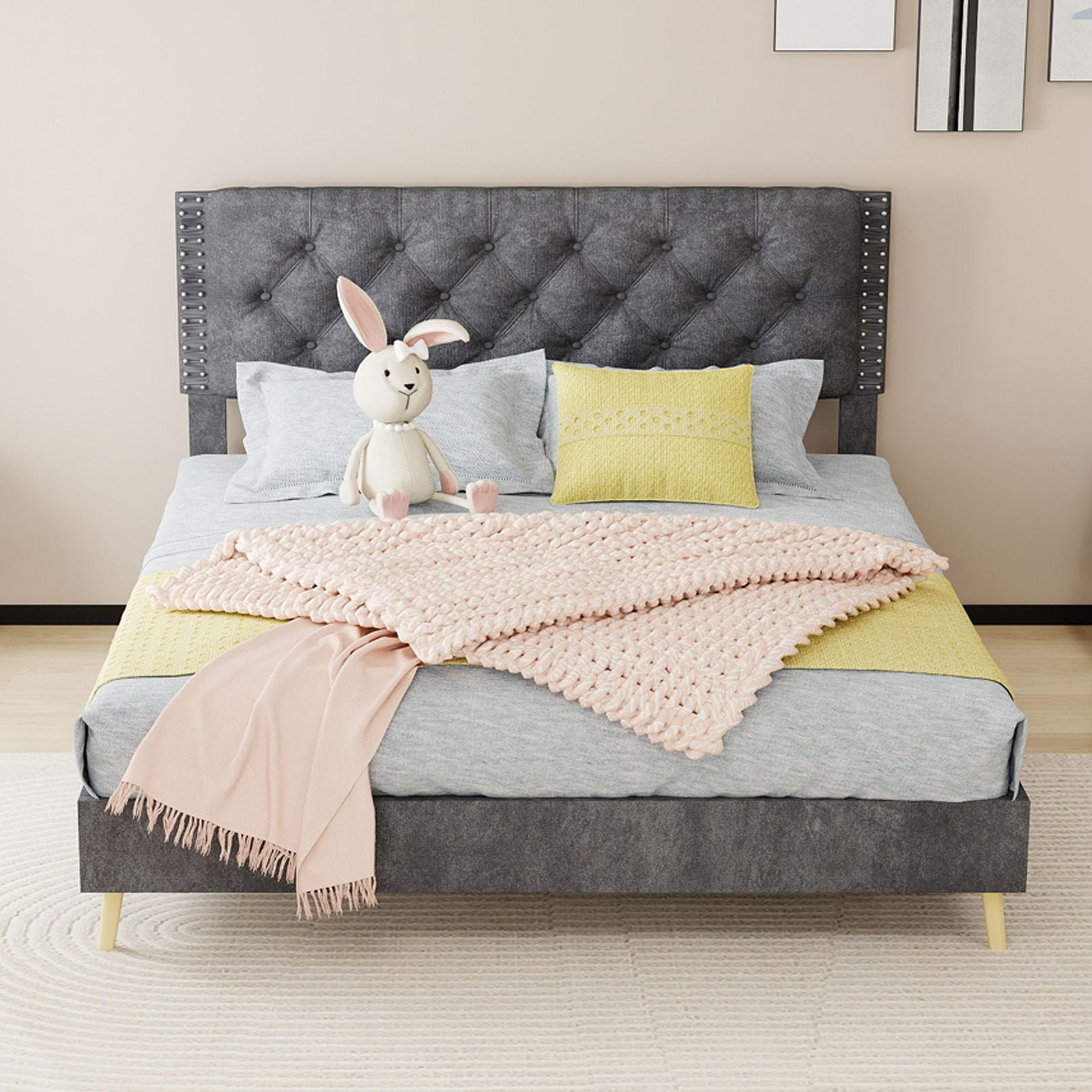 Alvantor Queen Size Upholstered Bed Frame with Padded Headboard, Holland Velvet Tufted Gray
