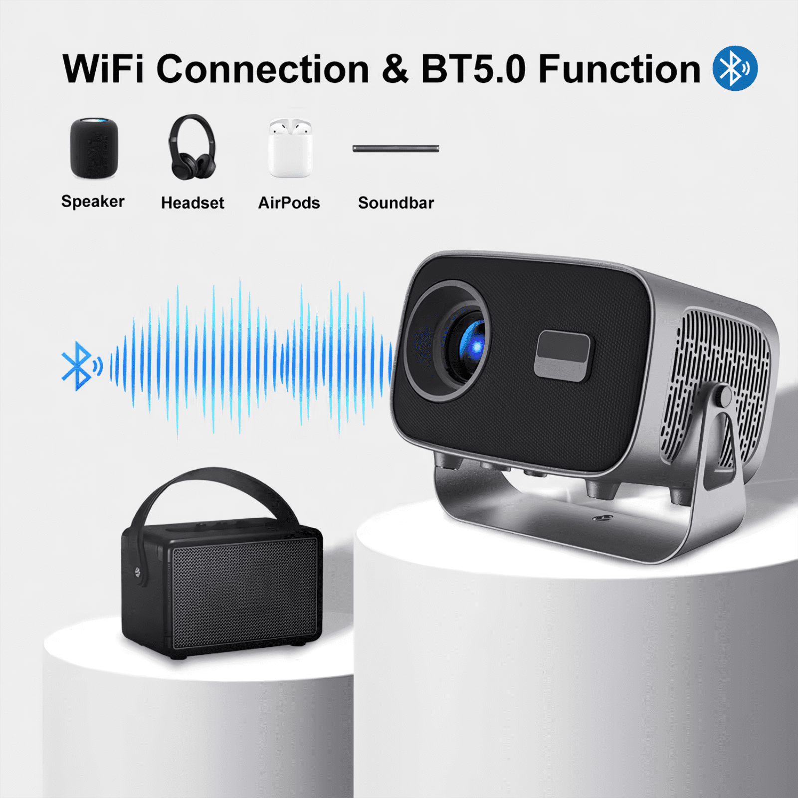 Golden Projector with WiFi and Bluetooth, Projector 1080P, Portable Projector, Auto Focus Keystone
