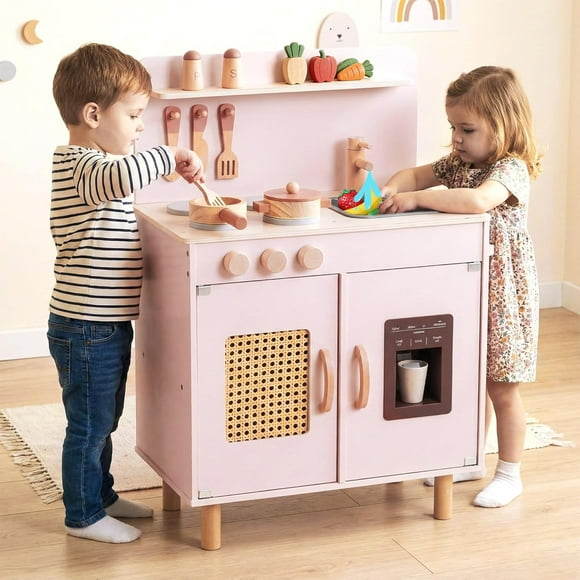 INFANS Play Kitchen for Kids, Wooden Pretend Playset with Rattan Door Realistic Sounds Towel Rack, Toddler Cooking Toy Gift for Boys Girls Aged 3+