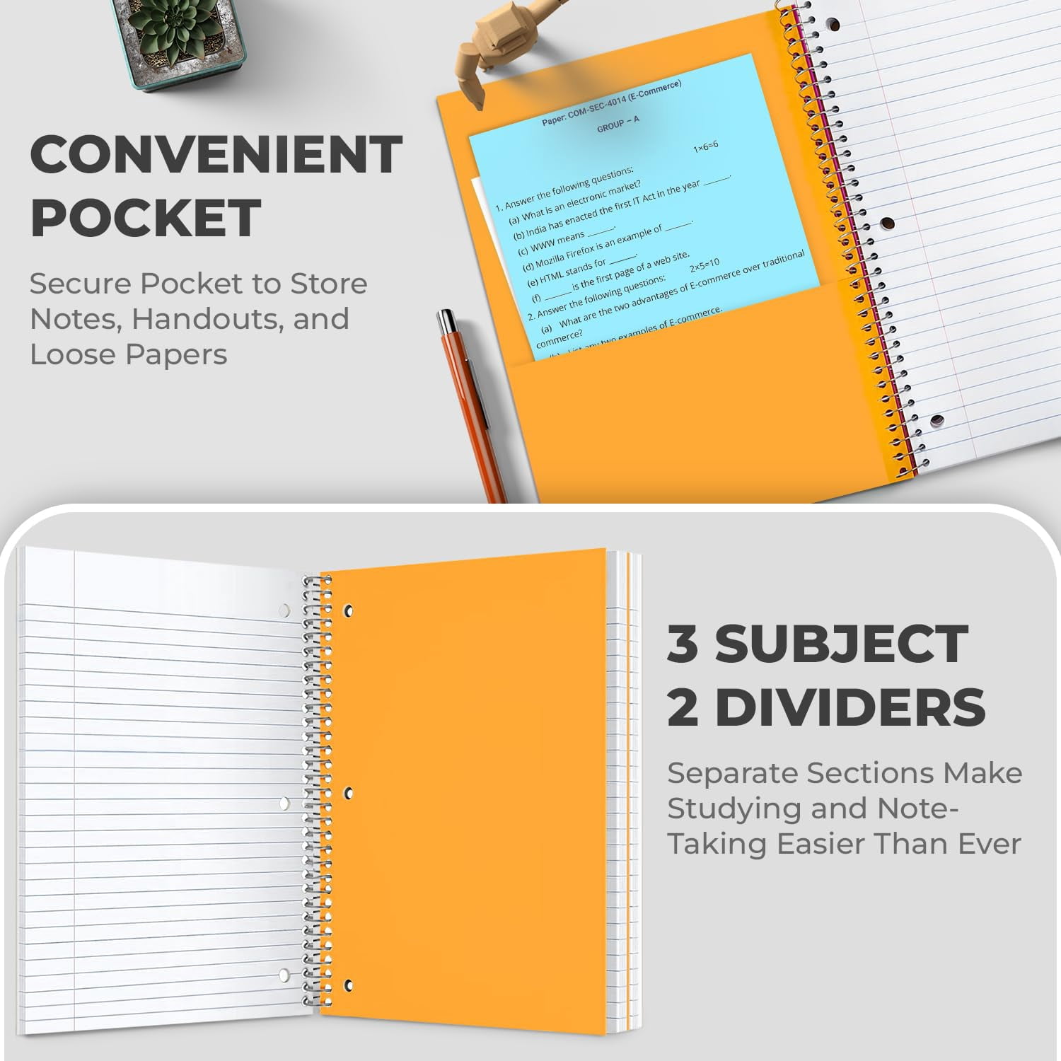 Rosmonde Spiral Notebooks 12 Pack, 3 Subject, Wide Ruled, 150 Sheets (300 Pages), 8 x 10.5 in, 3 Hole Punched, Thick No Bleed Paper, Notebooks for School, Home & Office Use