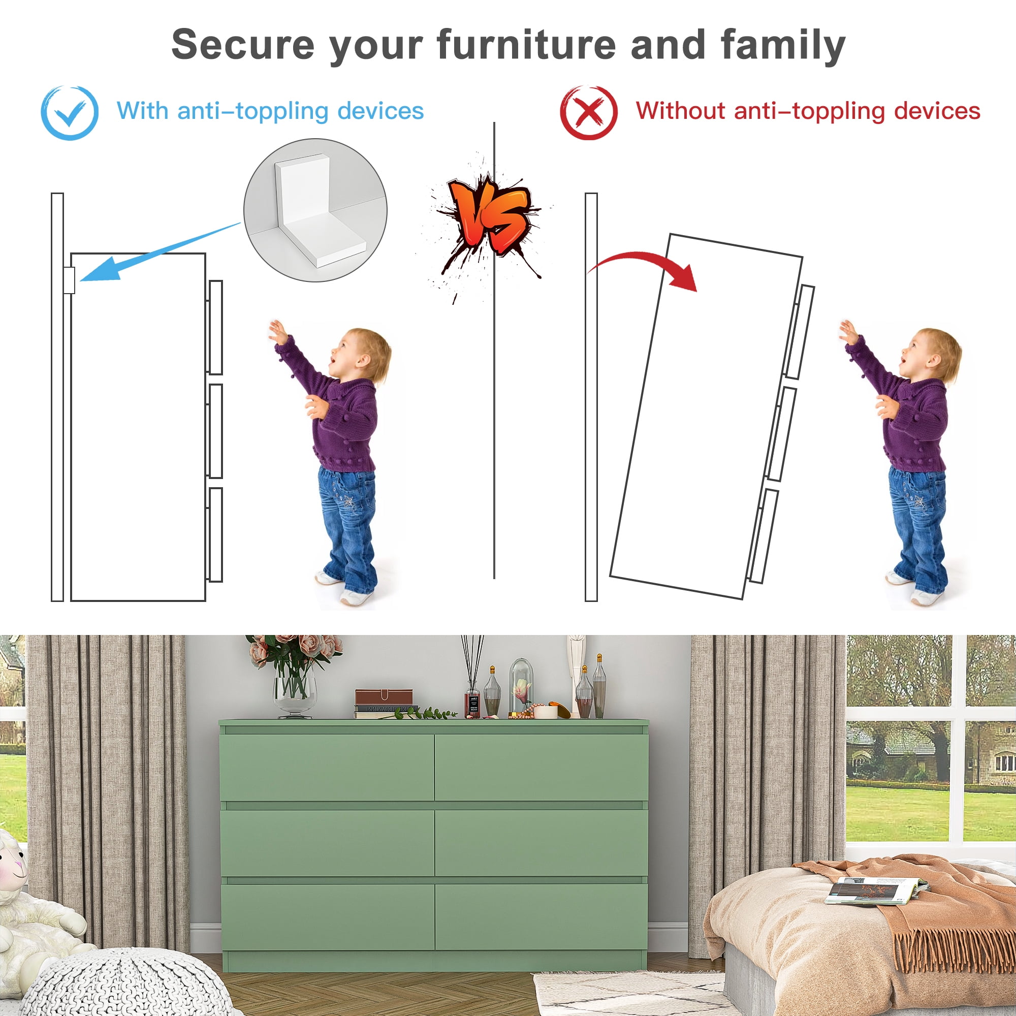 Finihen 6 Drawer Double Dresser, Modern 6 Chest of Drawers with Deep Drawers, Wide Storage Organizer Cabinet for Living Room, Kids, Green Finihen 6 Drawer Double Dresser, Modern 6 Chest of Drawers with Deep Drawers, Wide Storage Organizer Cabinet for Living Room, Kids, Green