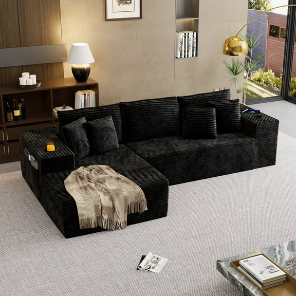 Monteka 104" Modular Cloud Couch & L-Shaped Sectional, No-Assembly Sleeper Sofa Alternative - Premium Corduroy Upholstery for Cozy Living Room Seating - Black