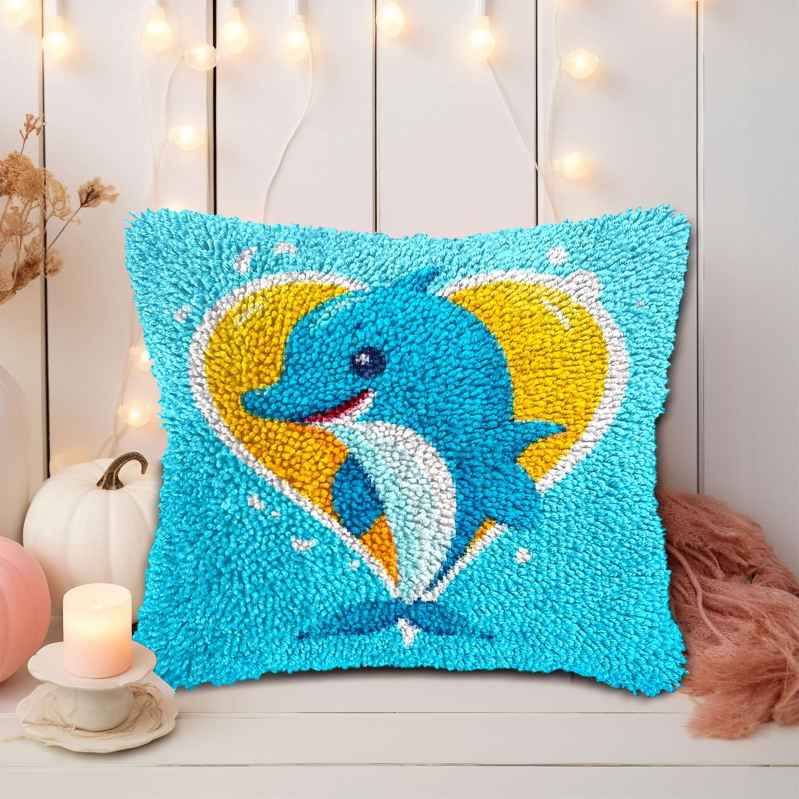 Cartoon Cute Dolphin DIY Latch Hook Pillow Kits for Adults Printed Pillowcase Crochet Yarns Hooking Handmade Pillow Cover Cushion for Home Sofa Decoration 17x17inch(1)