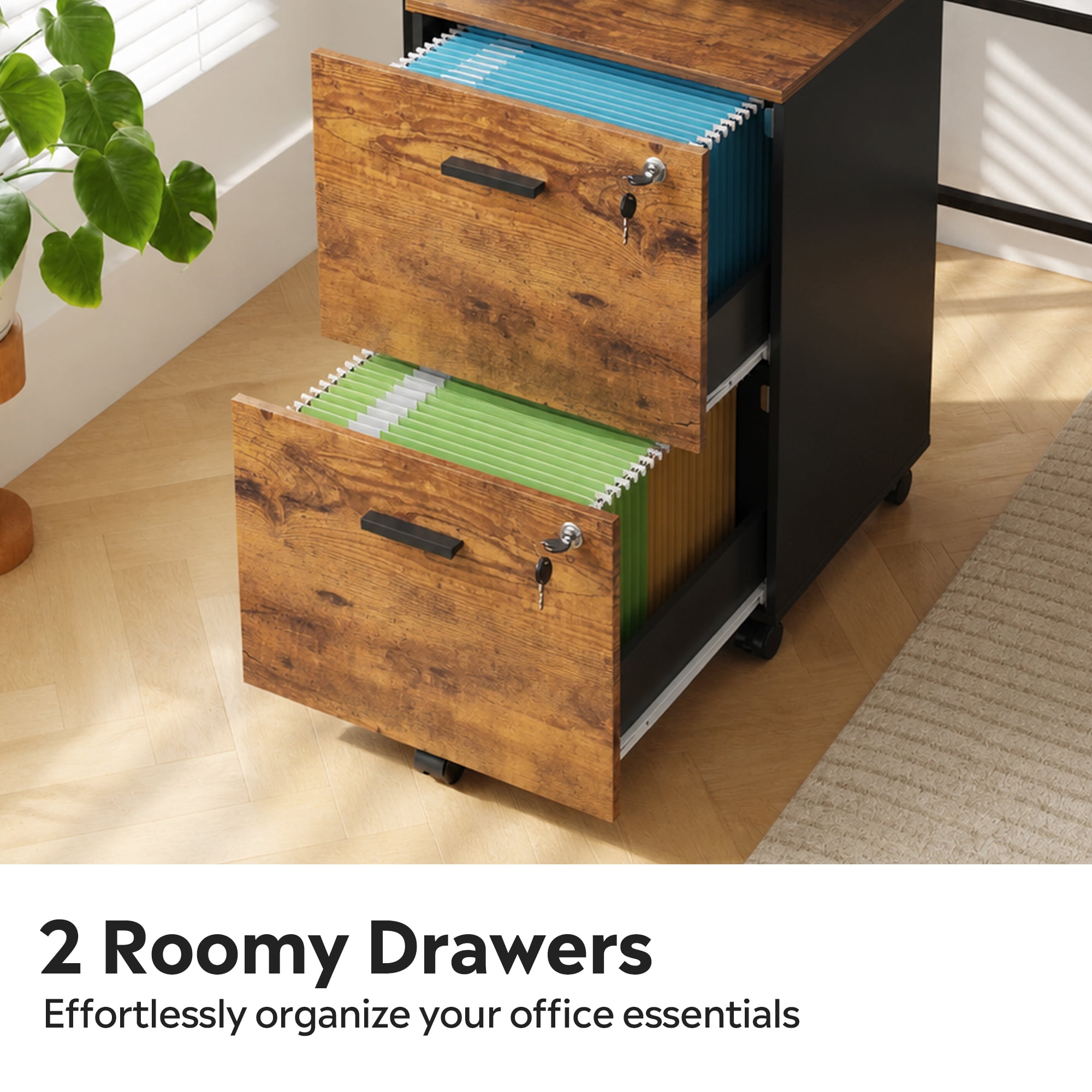 GALAXHERO 2 Drawer Filing Cabinet with Lock, Wooden Printer Stand with Storage for Home Office, Mobile Locking file Cabinet Fits Letter/A4 Hanging Files, Rustic Brown