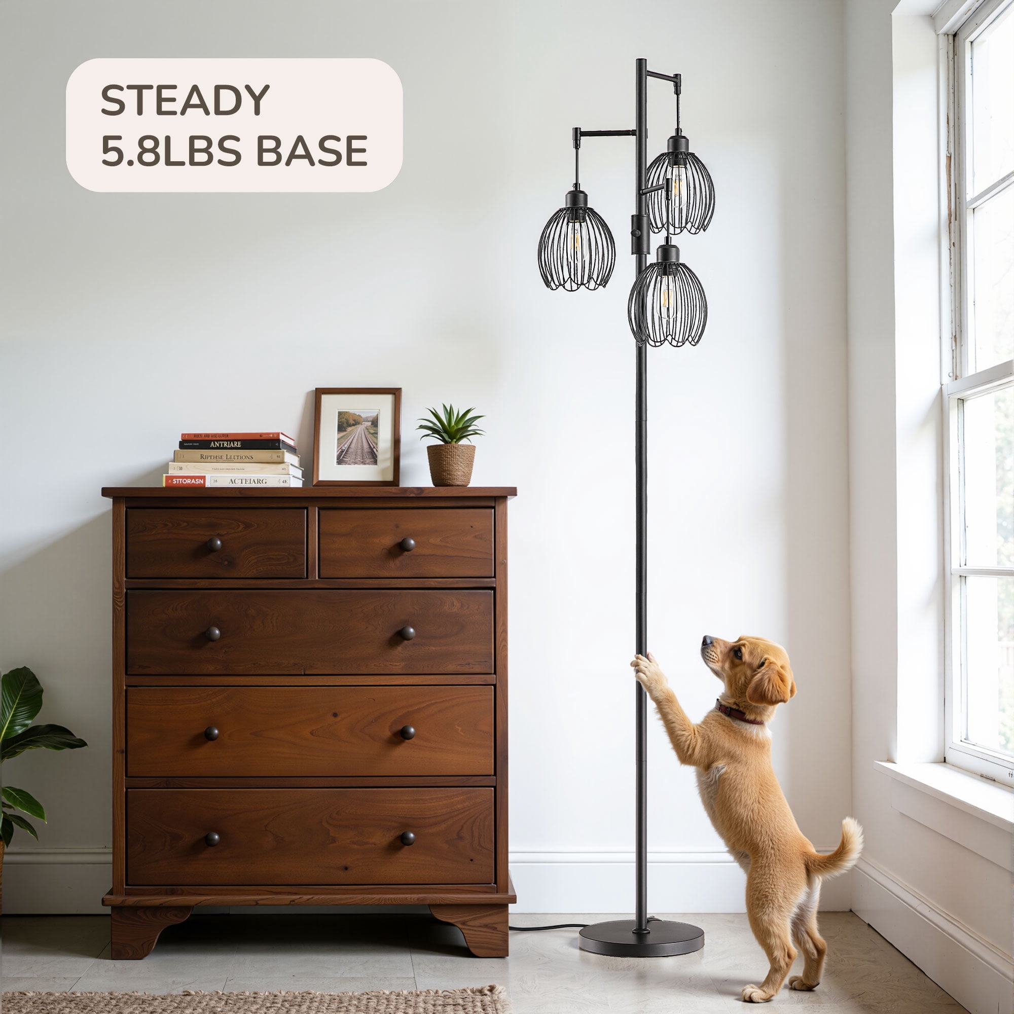 EDISHINE 69in Industrial Floor Lamps for Living Room, With 3 LED Edsion Bulbs, Black