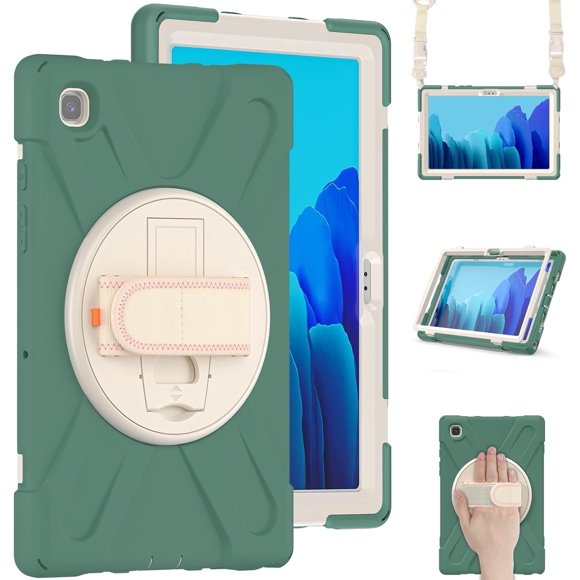 KOMI Rugged Case for Samsung Galaxy Tab A7 10.4" 2022/2020(SM-T500/T503/T505/T507/T509), Portable Hybrid Shock-Proof Cover with 360° Rotatable Hook&Loop Handle,Shoulder Strap Dark Green