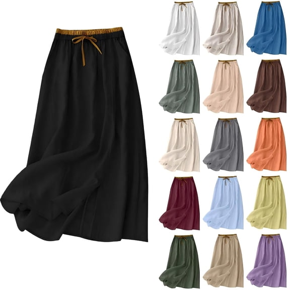 Tqcoqu Cotton Linen Skirt for Women with Pockets Casual Flowy Swing Elastic High Waist A-Line Split Long Boho Skirts,Army Green,Women's M-XXL