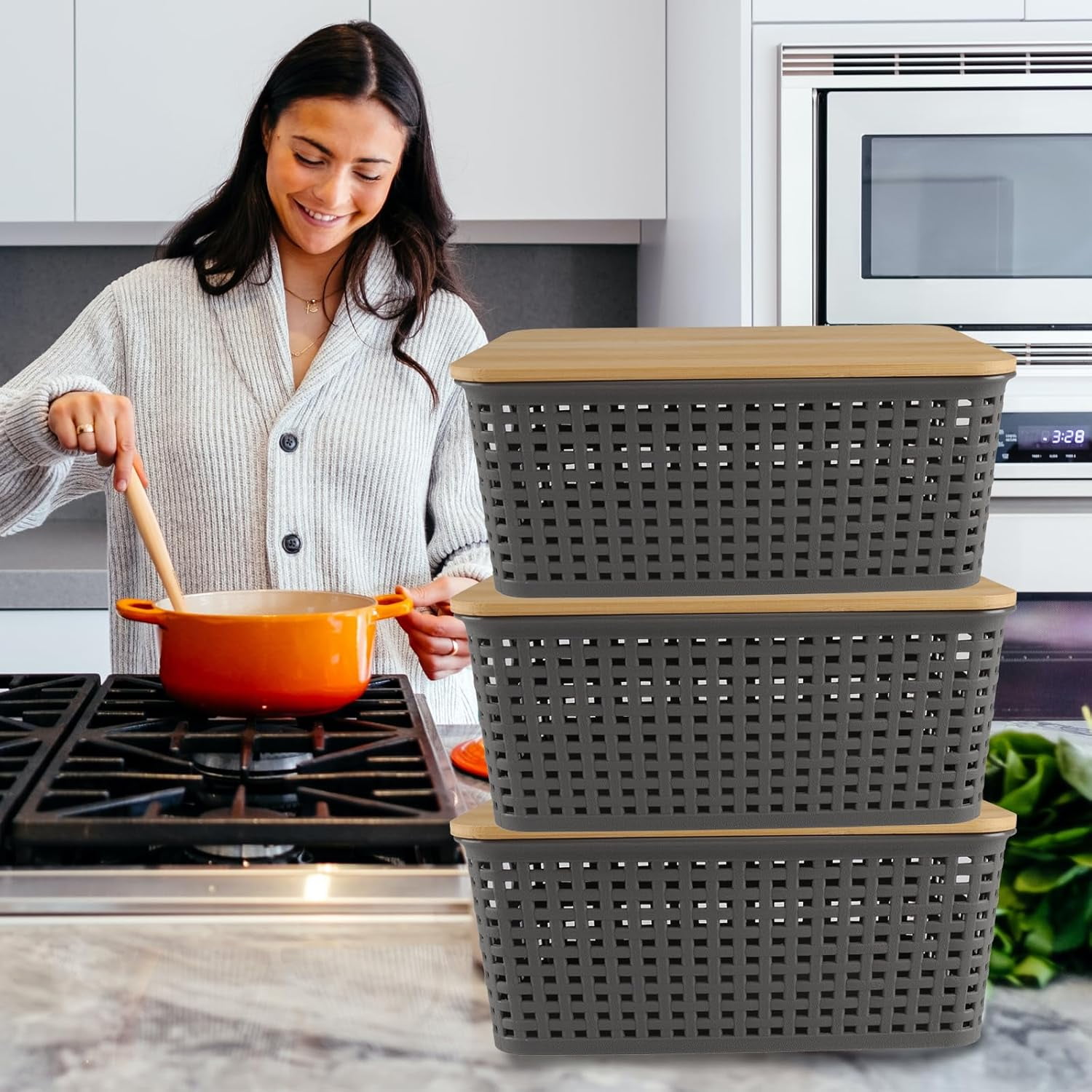 Pethiy 3-Piece Storage Set with Bamboo Lids, Ventilated Potato & Onion Bins with Handles, Pantry Organizer for Vegetables, Fruit & Snacks