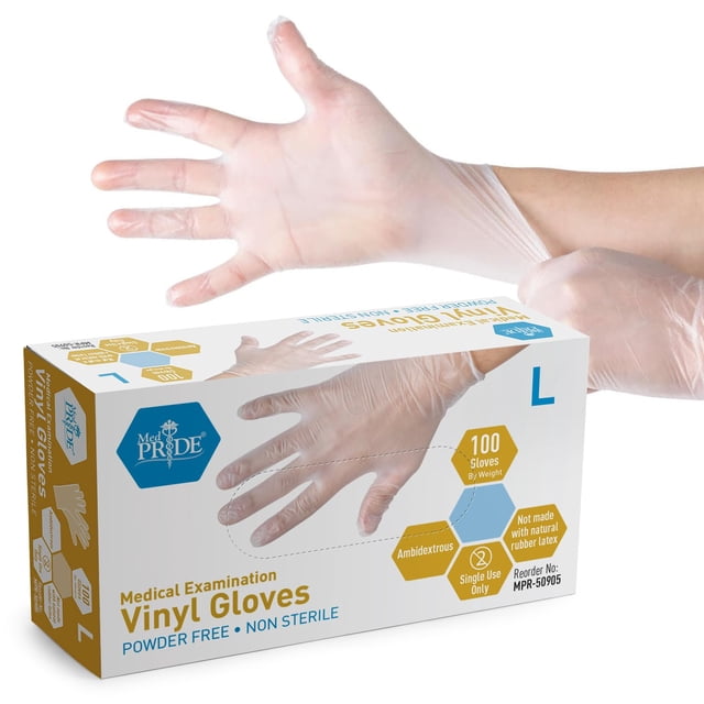 Guantes médicos de vinilo MED PRIDE talla grande, 100 unidades, sin polvo