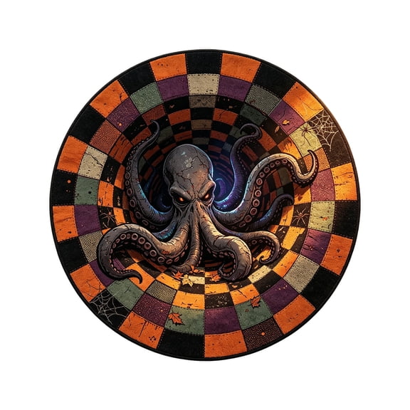 Candy Corn Octopus Abyss Quilted Round Mat, 3D Halloween Optical Illusion Rug, Optical Illusion with Depth Pattern, Non- Soft Fabric (15.7in)