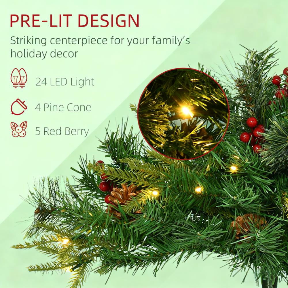 2ft Battery-Operated Prelit Morinda Umbellata Tree 69 Tips 24 LED Lights Berries Pine Cones Tripod Stake Outdoor Decor
