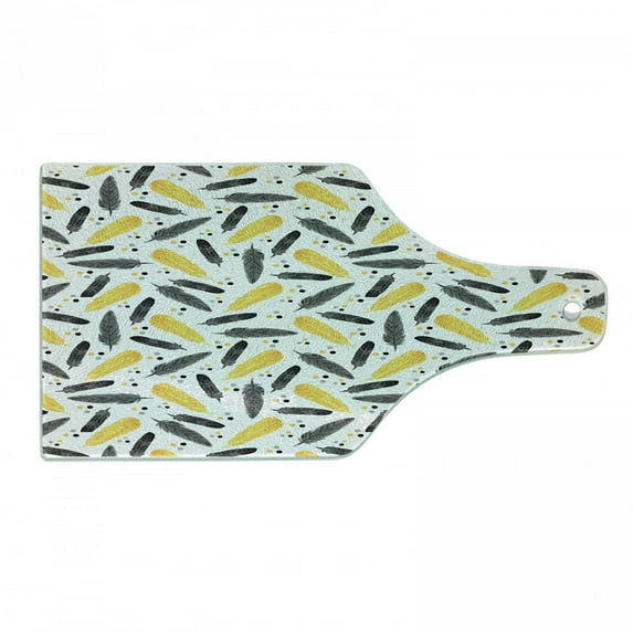 Feather Cutting Board, Bohemian Exotic Plumage with Watercolor Spots Pastel Print, Decorative Tempered Glass Cutting and Serving Board, Wine Bottle Shape, Grey Yellow, by Ambesonne