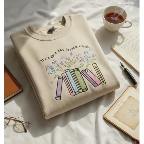 It’s a Good Day to Read a Book Embroidered Sweatshirt, Book Lover Crewneck, Pastel Floral Books Jumper, Cozy Gift for Readers