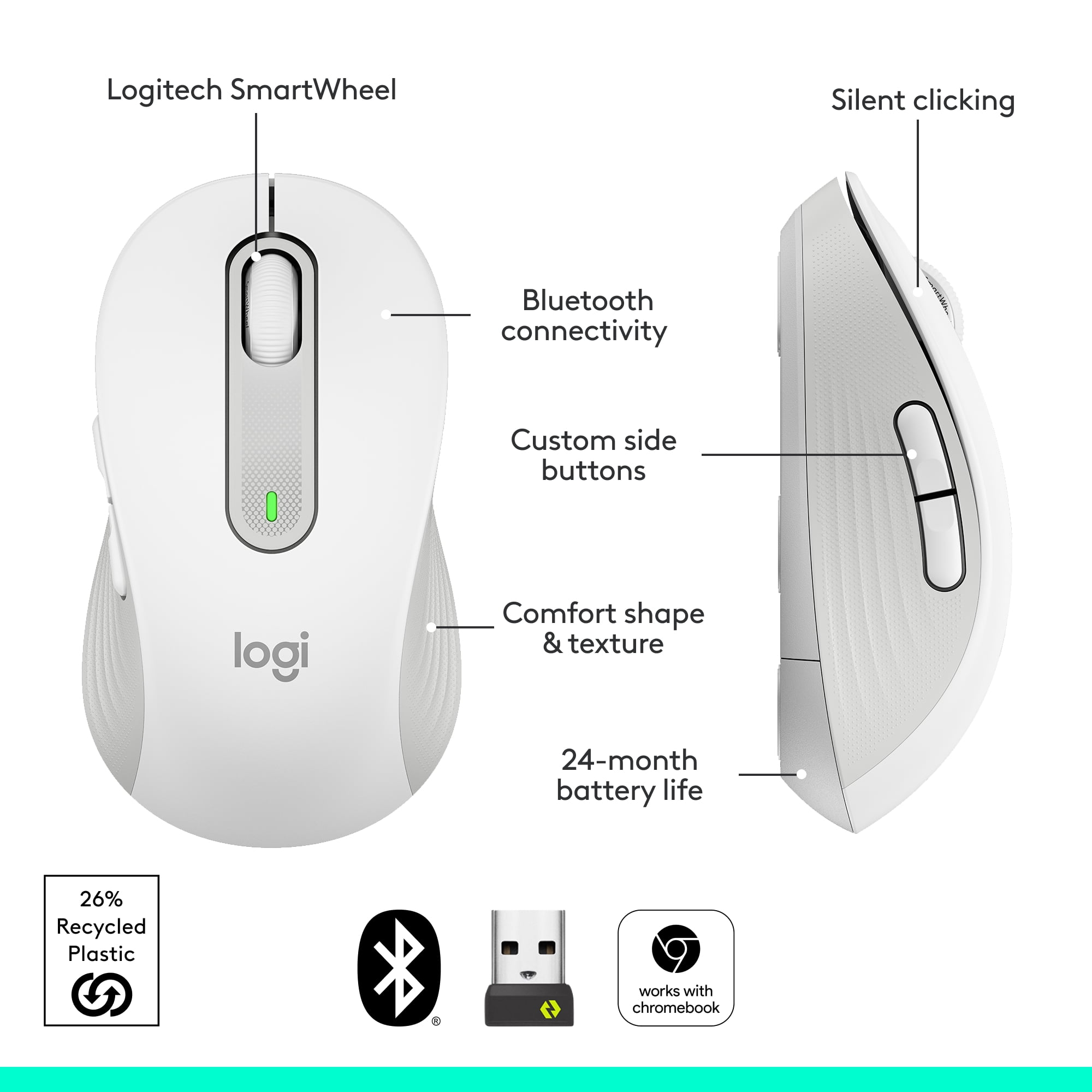Logitech Signature M650 Wireless Mouse - For Small to Medium Sized Hands, 2-Year Battery, Silent Clicks, Customizable Side Buttons, Bluetooth, for PC/Mac/Multi-Device/Chromebook