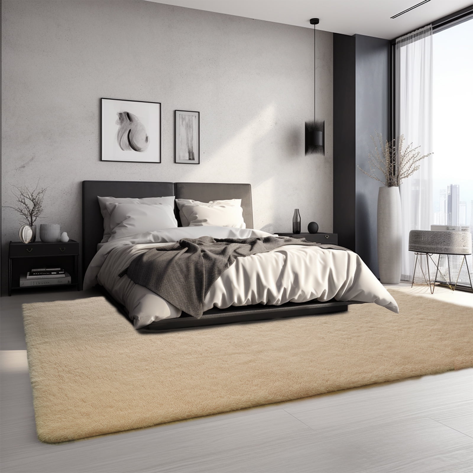 Solid Color Fluffy Rugs, Non-slip Soft Shaggy Floor Carpet Mats & Rugs for Room Decor, Washable Non-slip Modern Area Rug, Modern-style Decorative Carpets for Home Livingroom Bedroom, Beige