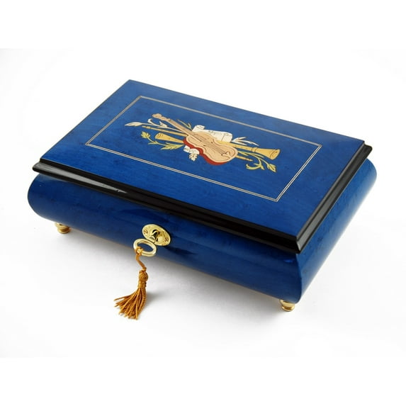 Impressive Royal Blue Instrument and Floral Wood Inlay Musical Jewelry Box - La Vie En Rose