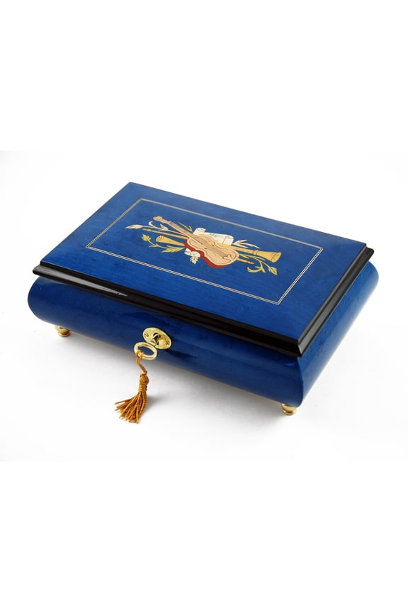 Impressive Royal Blue Instrument and Floral Wood Inlay Musical Jewelry Box - God Bless America