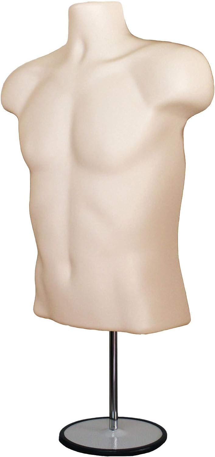 DisplayTown Flesh Male + Female Hollow Back Mannequin Torso Form w/ Single Metal Stand with Metal Pole, S-M Sizes