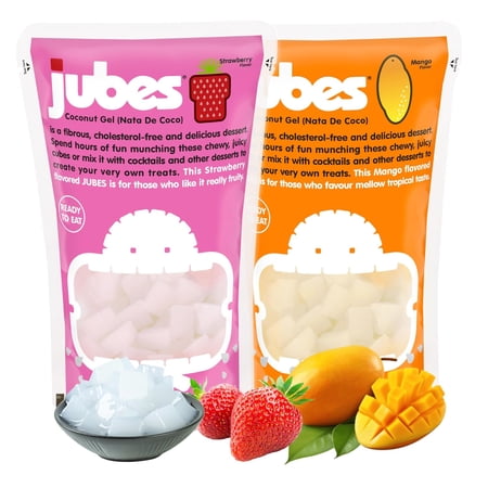Jubes Strawberry & Mango Nata De Coco Jelly Cubes (12.7 oz, 3 of Each Flavor) - Strawberry & Mango Coconut Jelly Cubes for Sago - Coconut Gel in Syrup Toppings for Fruit Tea, Boba, & all Beverages
