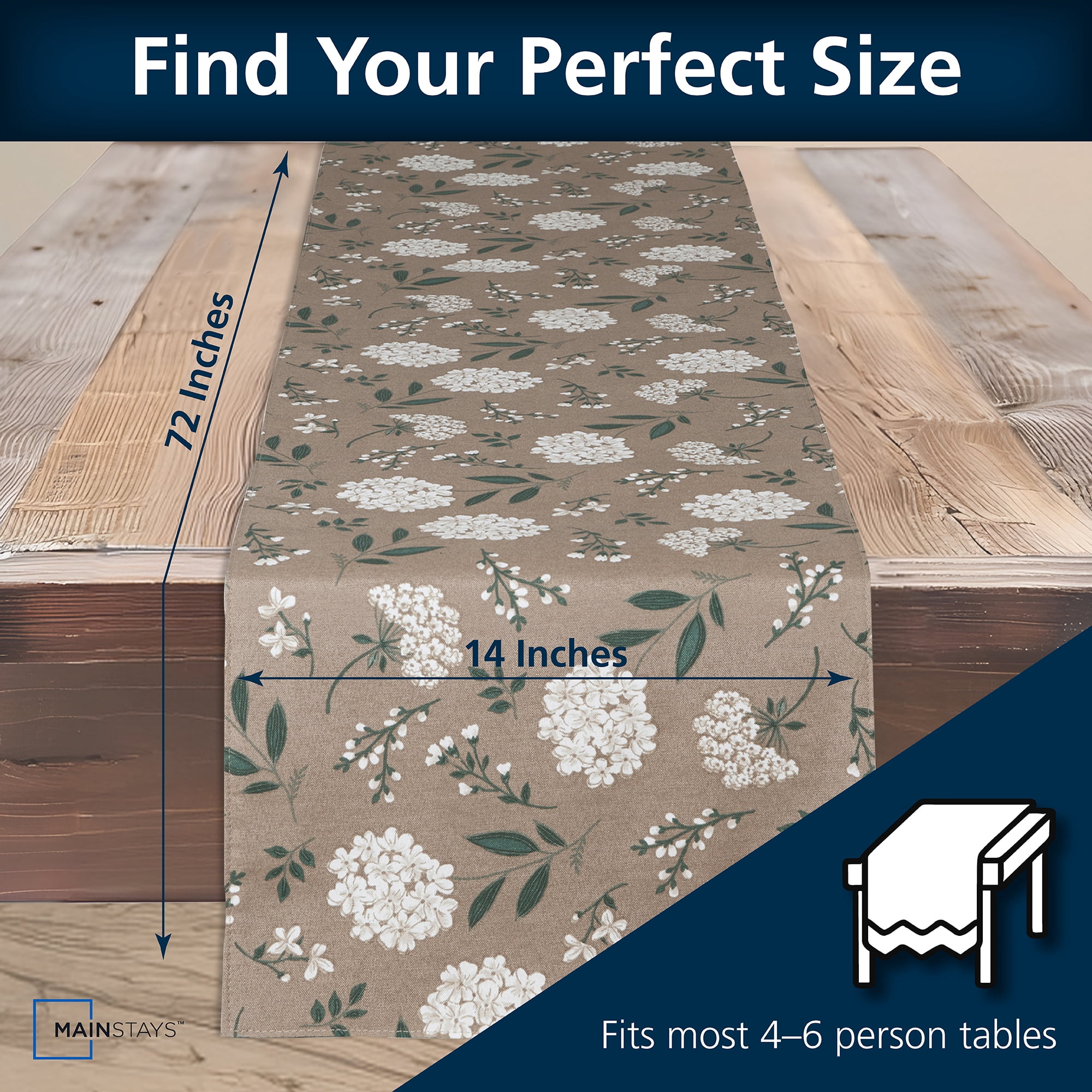 Mainstays Farmhouse Table Runner Summer Floral Brown Fabric, 14" x 72", Hydrangea