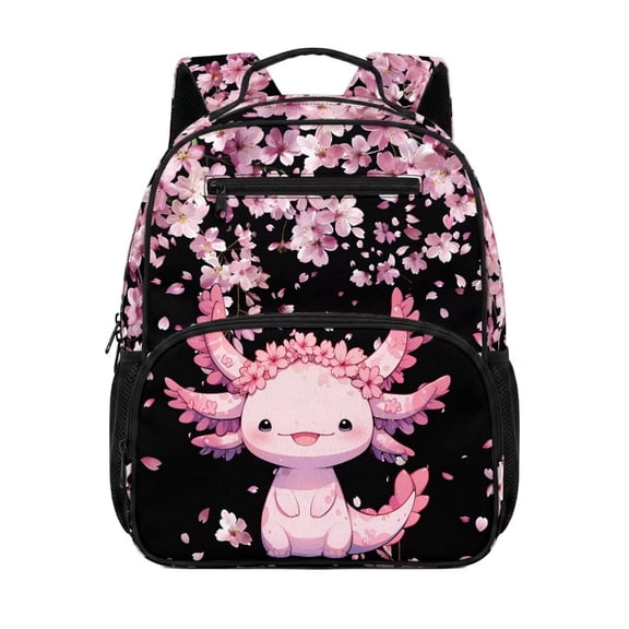 Jeiento Axolotl Toddler Backpack for Girls 3-5, 13.5 Inch Preschool School Bag, Cherry Blossom Lightweight Kids Bookbag with 2 Front Pockets & Mesh Side Pockets