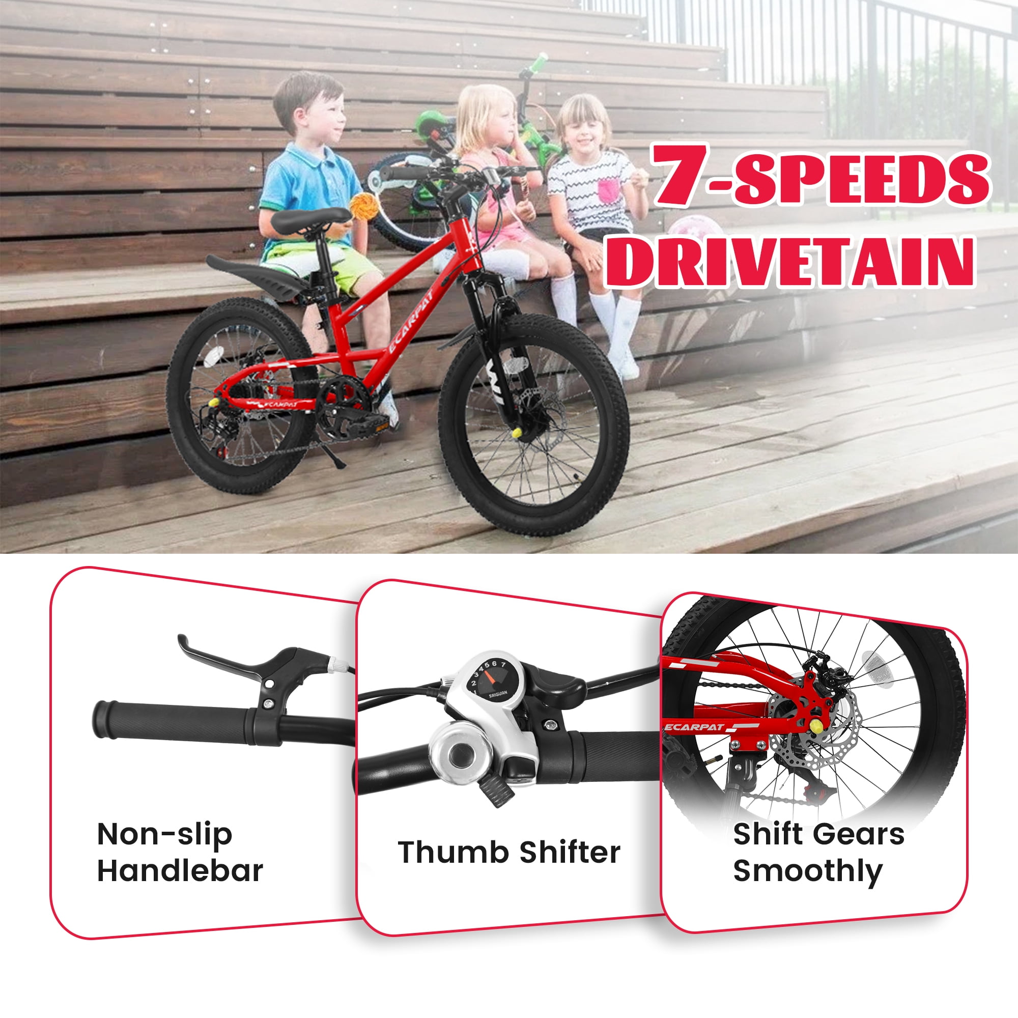 20" Mountain Bike, 7-Speed with Durable Steel Frame & Front Suspension - Red