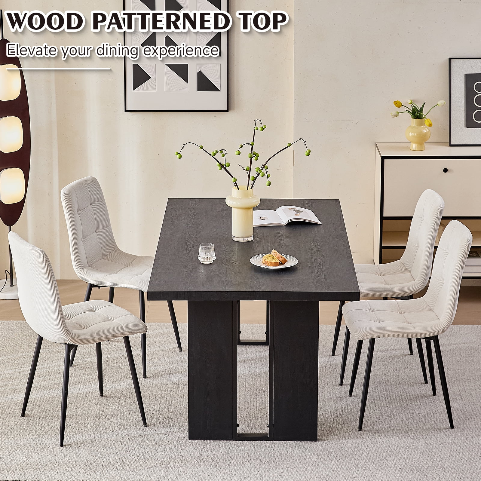 63" Dining Table Set for 4 6 People, 5 Piece Kitchen Dining Room Table with 4 White Corduroy Chairs for Living Kitchen Room Apartment