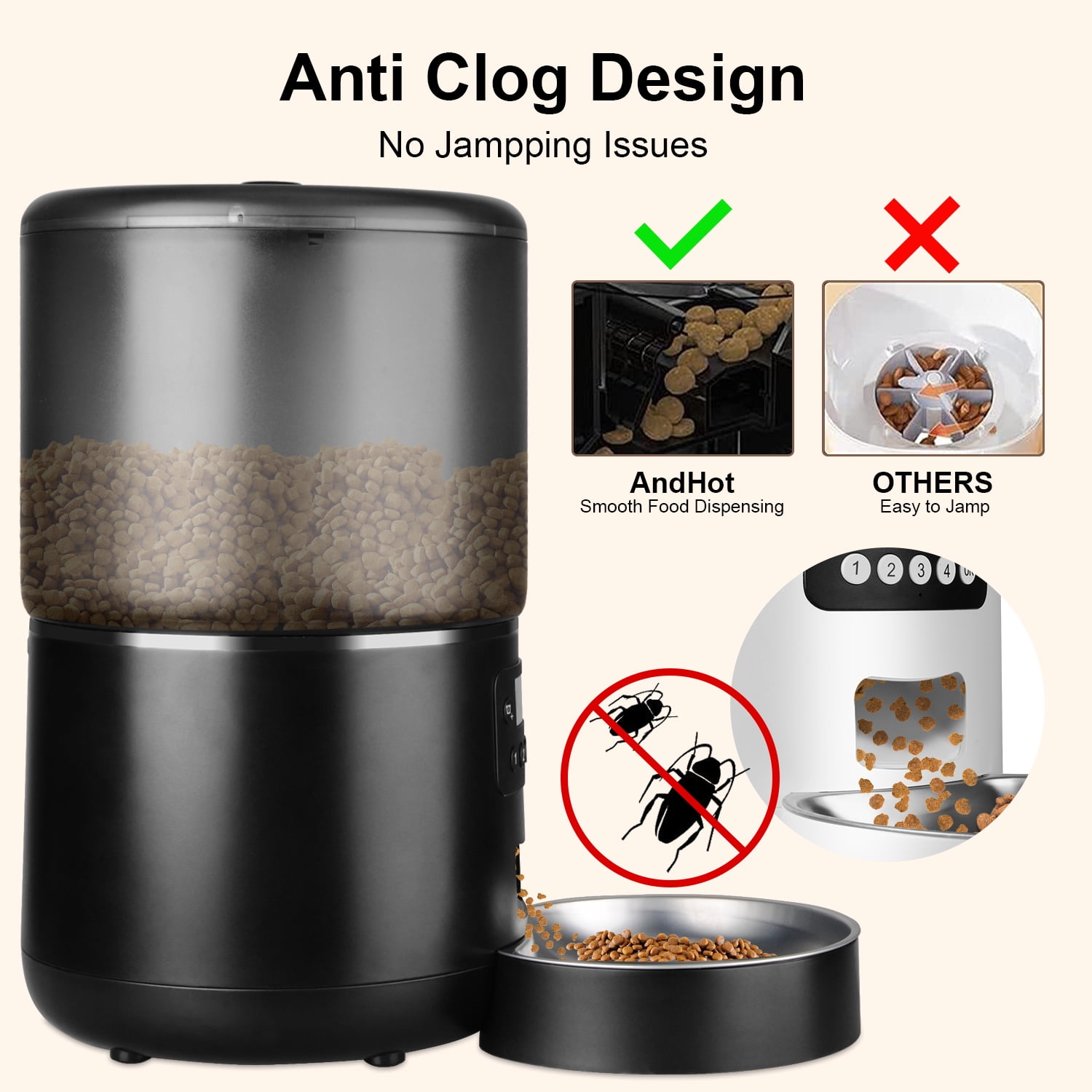 Automatic Cat Feeder,AndHot 4L Detachable Cat Food Dispenser Automatic Feeding for Dry Food Up to 36 Portions(9g/Portion)4 Meals Per Day, Dual Power Supply Timed Cat Feeders for Cats and Dog,Black