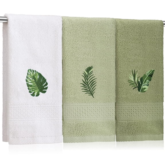 Monstera Fern Leaves Embroidered Cotton Hand Towels, 3 Count