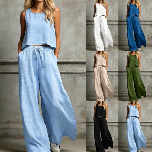 Plus Size Summer Outfits For Women Square Neck Sleeveless Tank Tops Drawstring Wide Leg Pants With Pockets (XL, Light Blue)