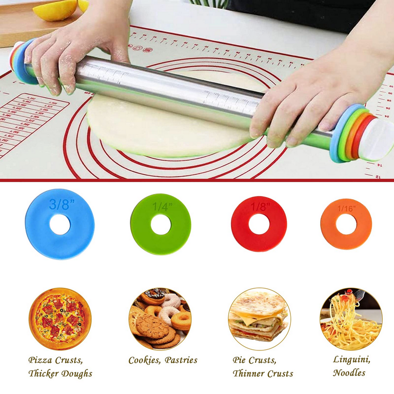 Stainless Steel Rolling Pin with Thickness Rings - Large Heavy Duty  Adjustable Roller with Silicone Baking Mat for Dough Pizza Pastry Pie Pasta  and Cookies - Non Stick (17 inch) 