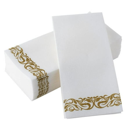 

50 Disposable Hand Towels Soft and Absorbent Line-Feel Dinner Napkin Elegant Decorative Paper Guest Towels for Kitchen Bathroom Weddings Parties Gold and White