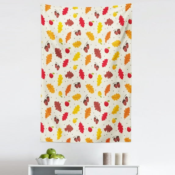 Acorn Tapestry, Autumn Nature Themed Repetitive Pattern of Fall Colored Leaves Apples, Fabric Wall Hanging Decor for Bedroom Living Room Dorm, 5 Sizes, Eggshell and Multicolor, by Ambesonne