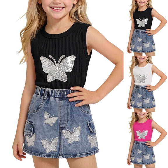 Girls 2Pcs Skirts Sets Outfits Summer Short Sleeve Crewneck Tops and Denim Vintage Skirts Versatile Cute Bow Print Tops School Outfits Casual Children Clothes Age 2-8 Years Black 7-8Years