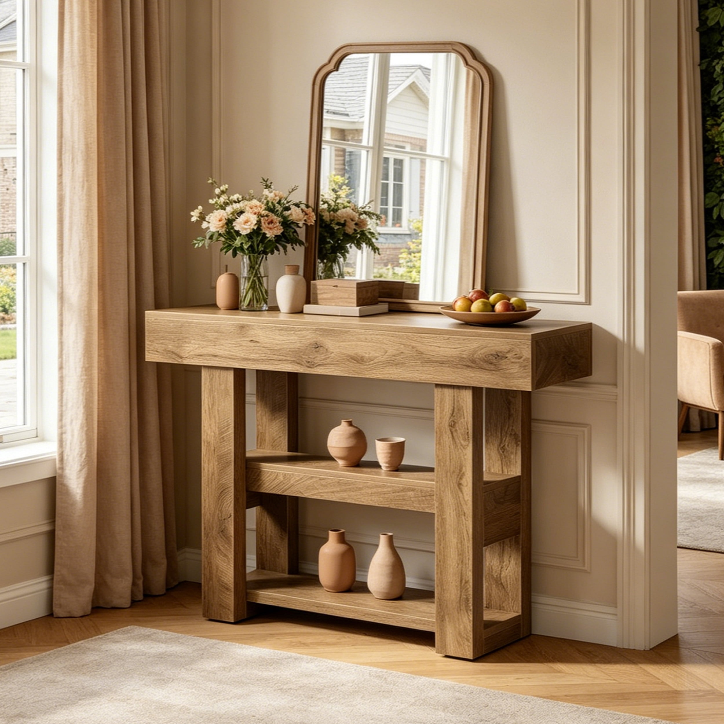 Fnova 41.34" Farmhouse Console Table, Narrow 2-Tier Wood Entryway Table with Storage Shelf, Sofa Table for Living Room, Hallway, Behind Couch, Light Brown