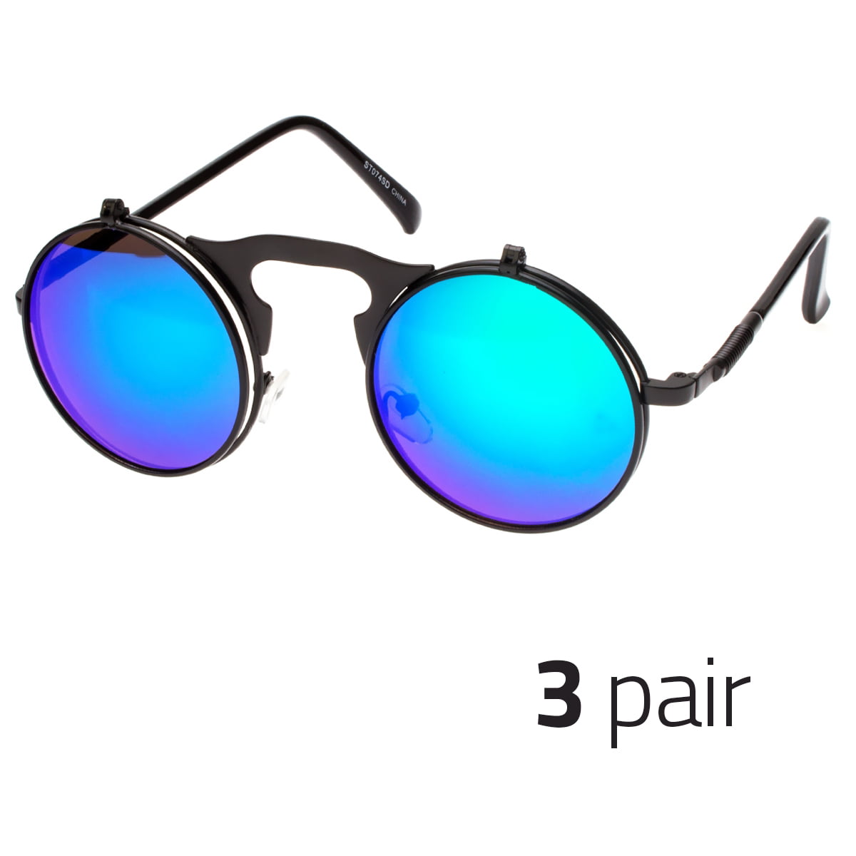 3 Pair Cool Flip Up Lens Steampunk Vintage Retro Style Round Sunglasses Black GL 