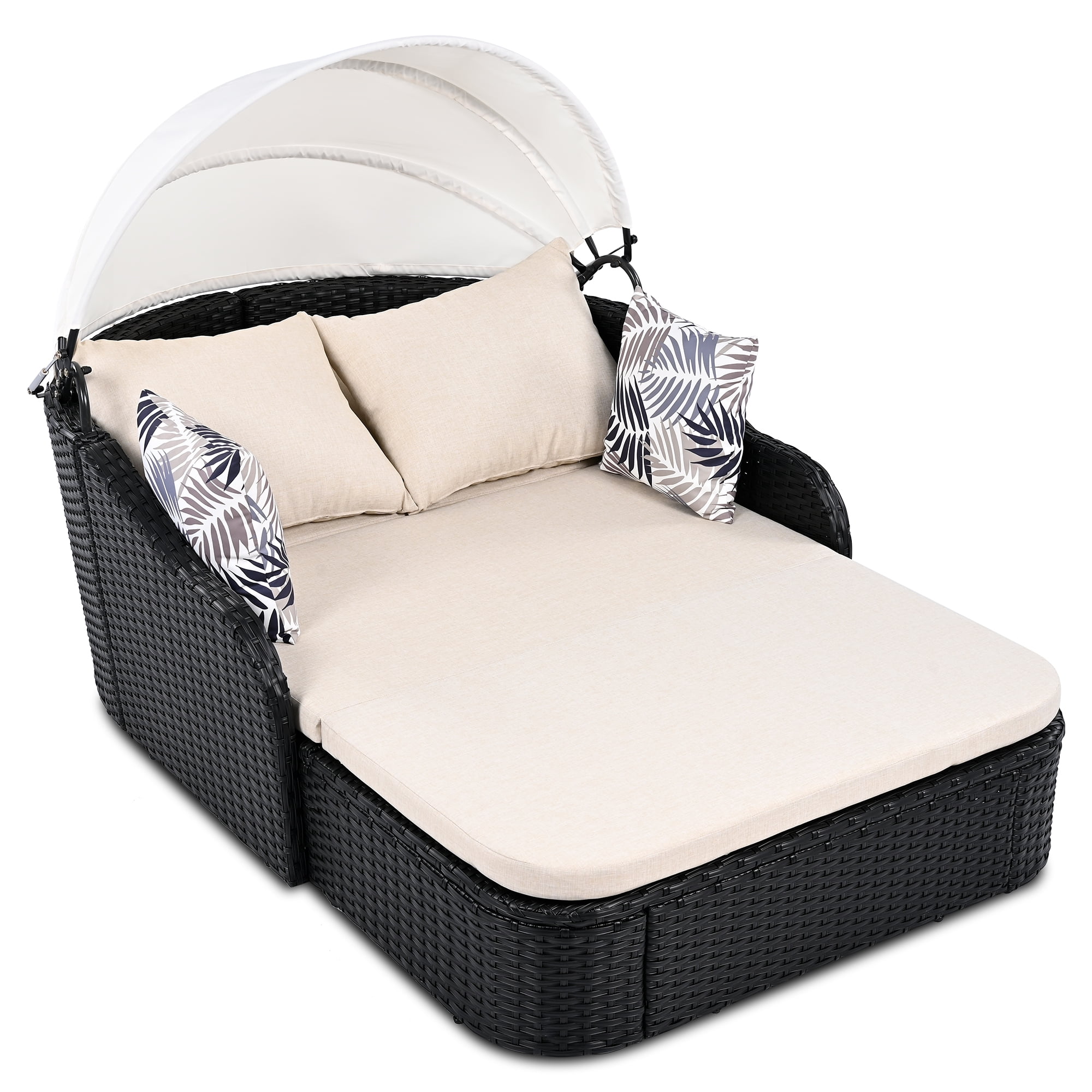 79.9" Outdoor Sunbed with Adjustable Canopy,Patio Chaise Double Lounger Sofa Daybed for Beach Backyard,Beige&Black