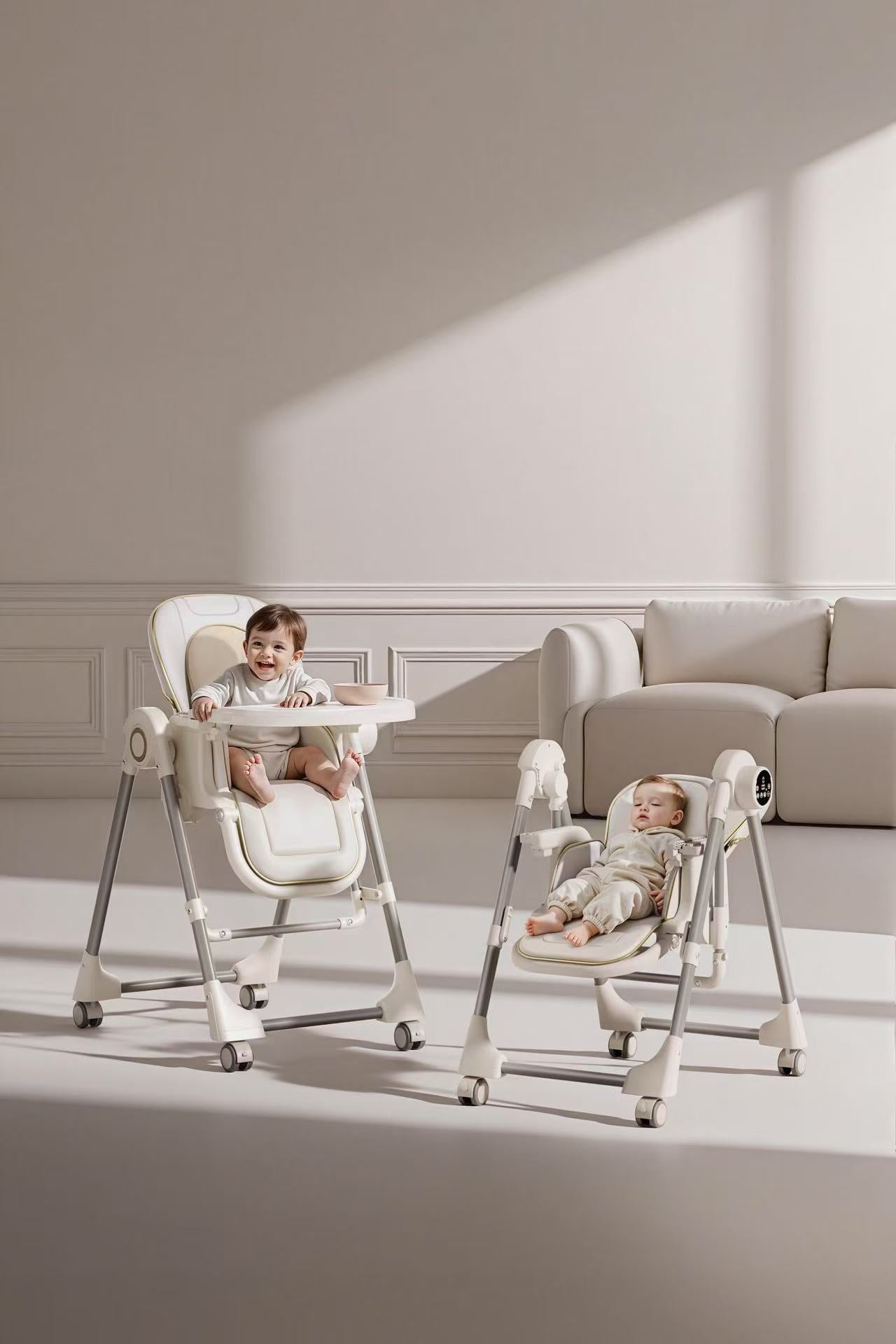 Electric Baby High Chair Baby Feeding Chair with Remote Control Foldable Infant Dining Chair with Wheels Baby Swing for 0-4 Years,Unisex,Grey